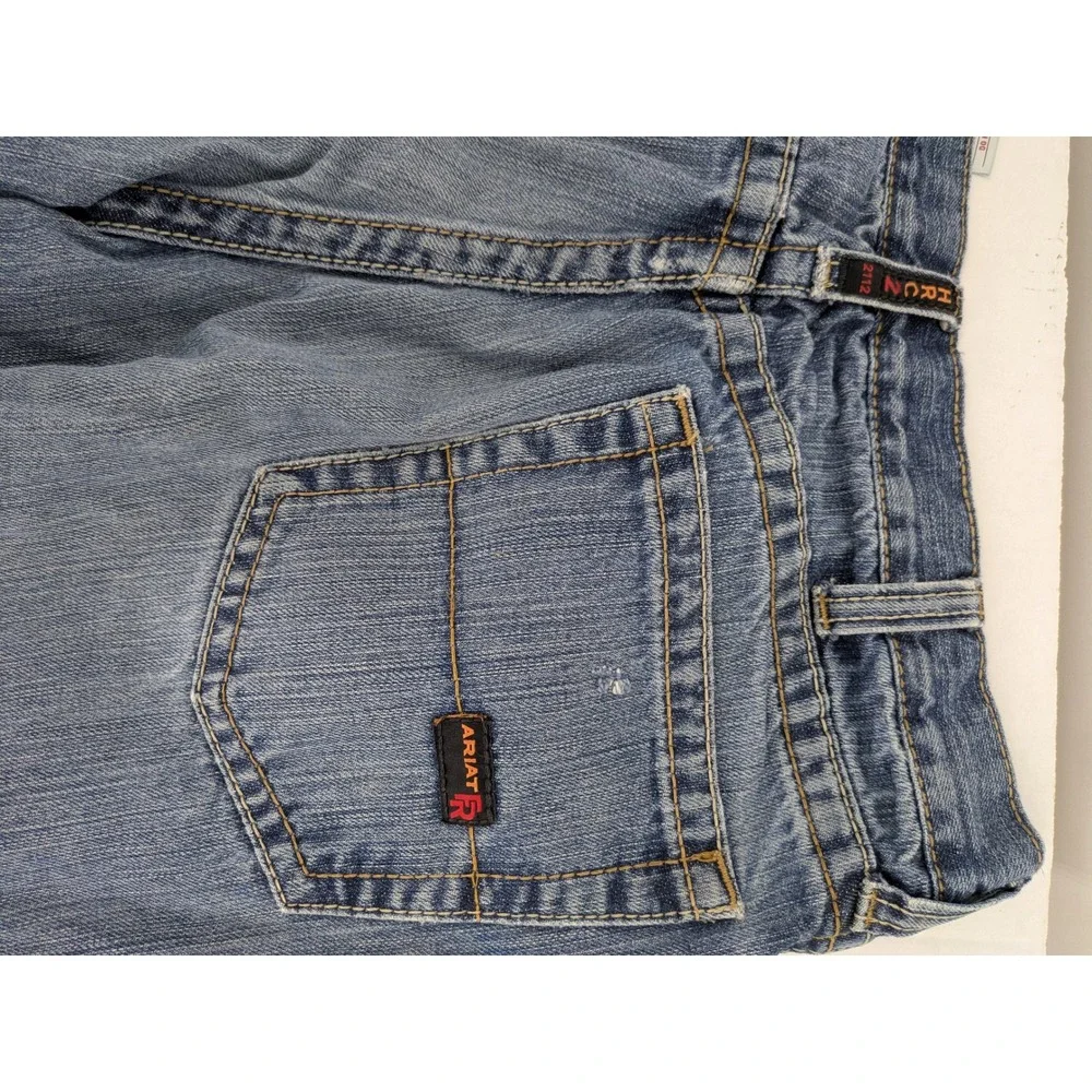 Ariat FR M4 Low Rise Boot Cut Jeans Mens 35x32 Blue Distressed Thrashed Workwear